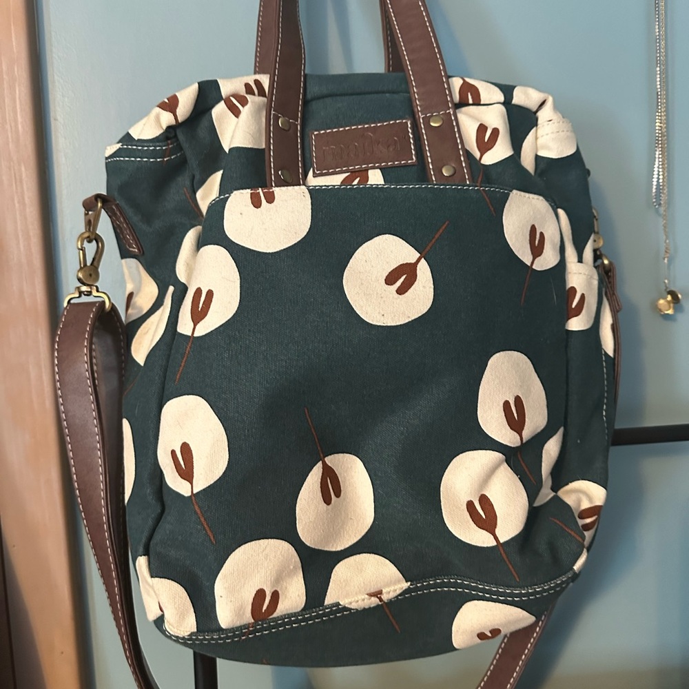 Maika Blue and Brown Canvas Tote with Leather Straps